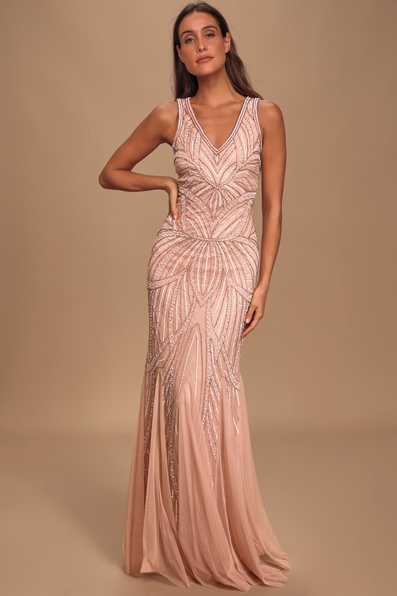 Blush Pink Gown - Beaded Sequin Dress ...
